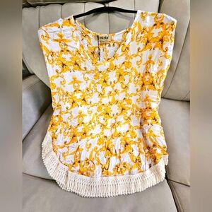 Crop Top Shawl style flowy blouse NWT yellow gold floral print on white